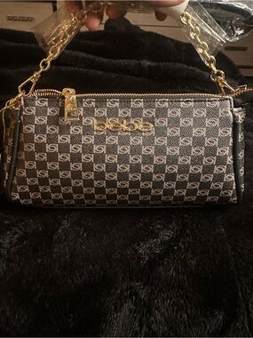 bebe Black and Gold Monogram Chain-Handle Mini Bag
